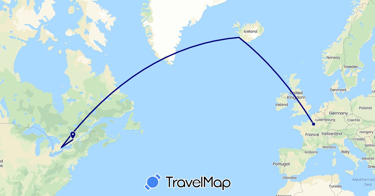 TravelMap itinerary: driving in Canada, France, Iceland (Europe, North America)